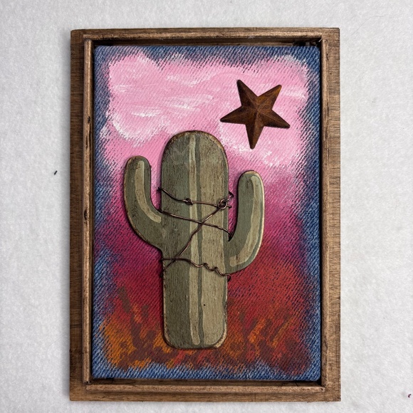 Mixed Media Wall Art | Saguaro Cactus Scene | Sunset | Stars | Desert Southwest - Picture 1 of 4